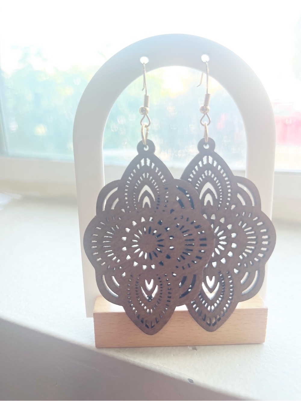Intricate Wood Brown Floral Cutout Dangle Earrings